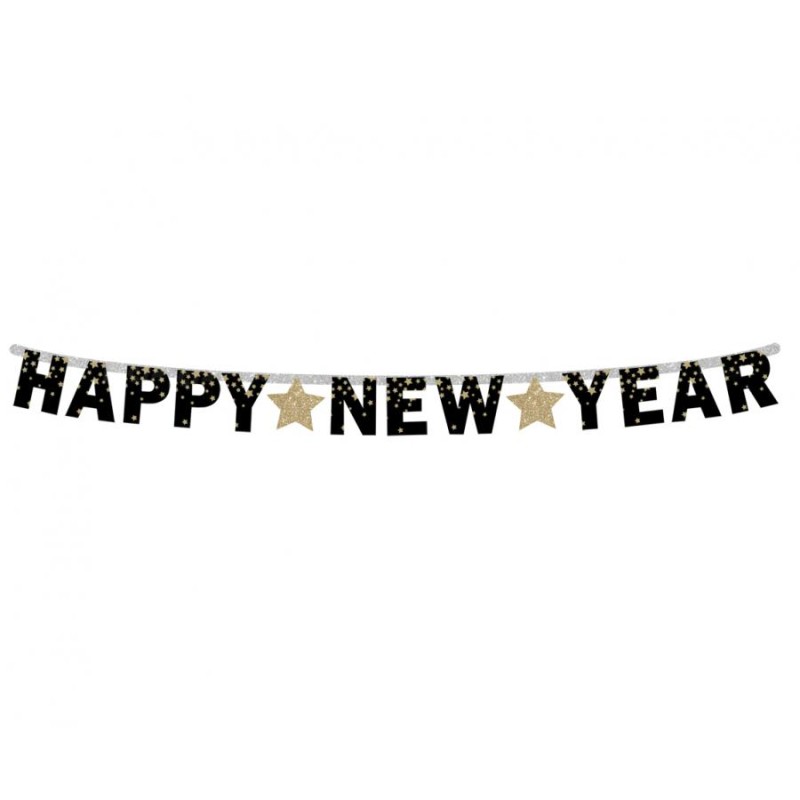 Ghirlandă de hârtie Happy New Year - gold stars, 180 cm
