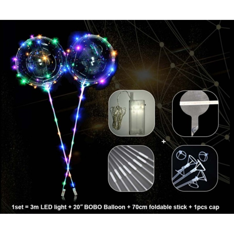 Set balon bobo transparent 51cm party cu LED multicolor