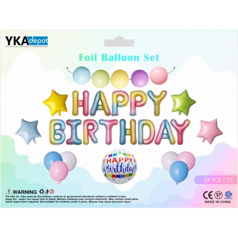 Set balon din folie Happy Birthday multicolor 29 piese